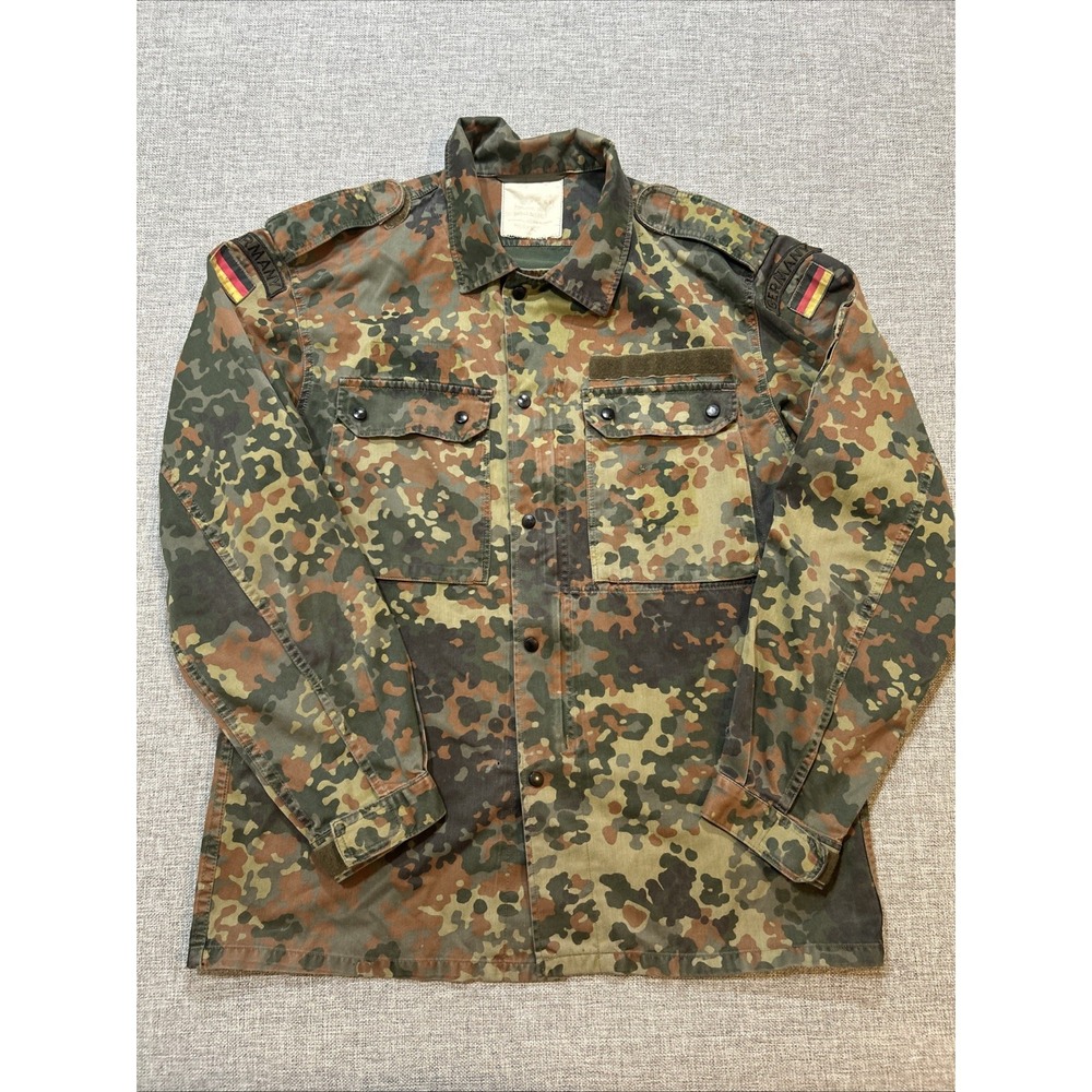 German Flecktarn Camo Bundeswehr Field Shirt Jacket Military 90s Flag Patch Sz L